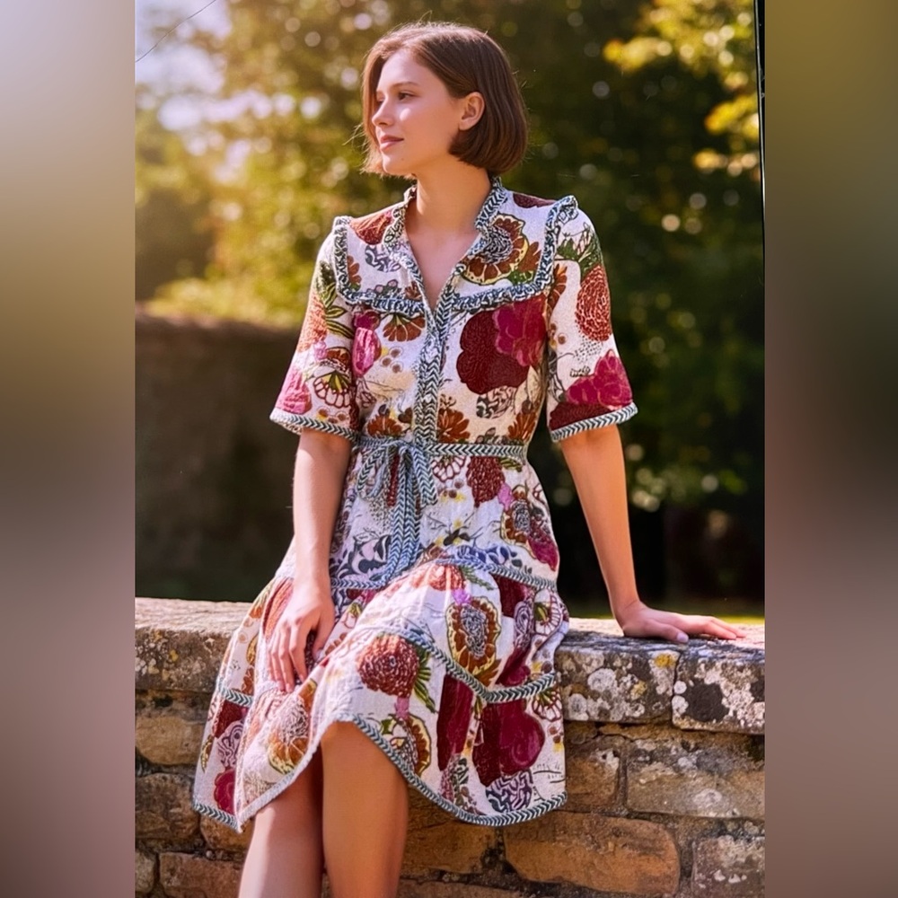 White Floral Midi Shirt Dress with Tie Waist